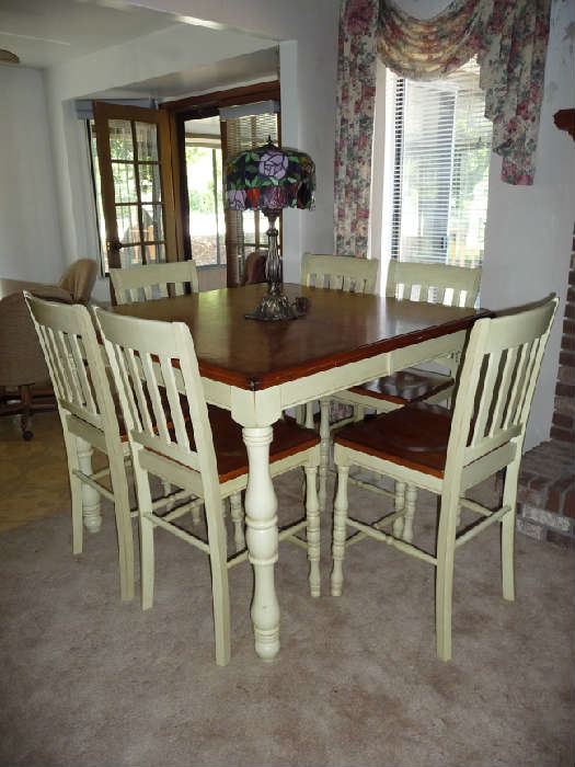 BAR HEIGHT TWO TONE WOOD TABLE WITH 6 CHAIRS 