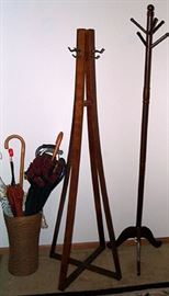 2 wood hall trees, umbrellas & canes
