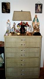 Blonde high boy dresser, 1950's lamp, religious items