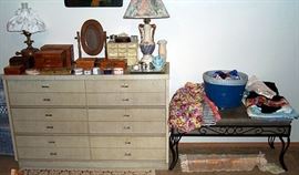 Blonde dresser, cast iron bench, etc...