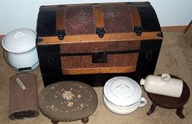 Arch top trunk, stoneware, foot stools, foot warmer