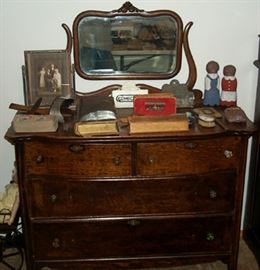 Antique dresser, stereoscope & cards, old photo album, old small squeeze box, etc...