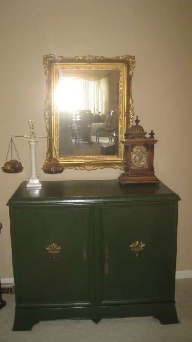 Chest with Scales Of Justice, antique clock, mirror from Europe 