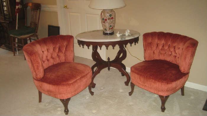 Pair of 1950's vintage tufted back chairs from Germany with oval Italian marble top table, lamp