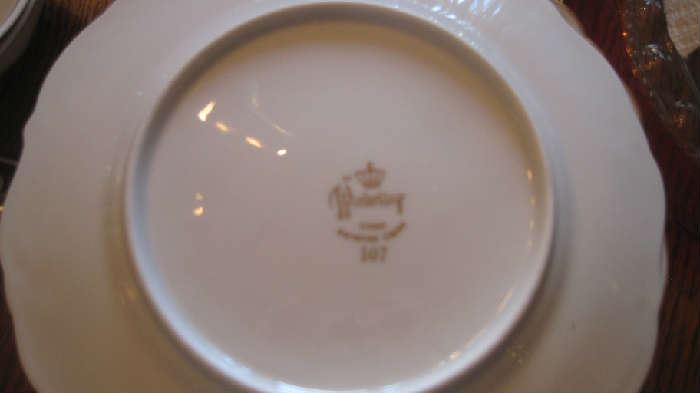 Label on bottom of dessert plate - Winterling- 107 Finest Bavarian china- Tea set includes: teapot, cream/sugar, 6 cups/saucers, 6 dessert plates
