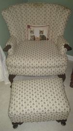 Vintage upholstered tufted back arm chair with footstool, cat pillow