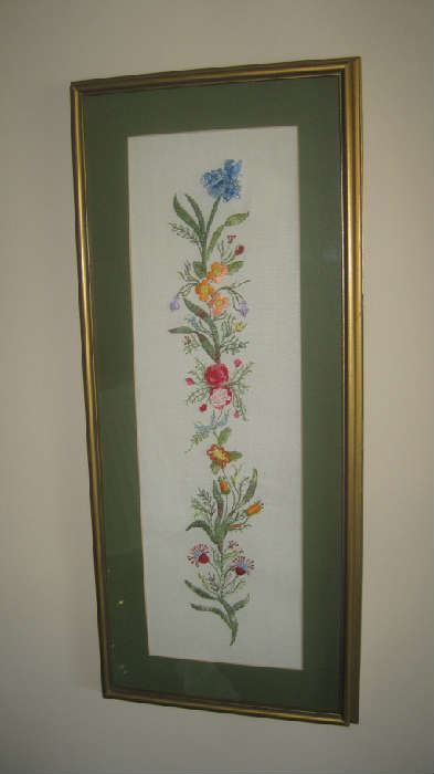 Floral embroidery piece with green mat in gold gilt frame 