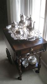   Mid-Century Hitchcock Tea cart with drawer, Towle silver service on tray 