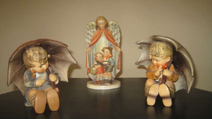  Vintage Hummel by Goebel figurines: Umbrella Girl 1957;Umbrella Boy- 1952; Heavenly Protection Angel with Girl and Boy