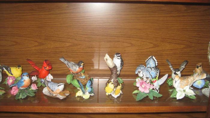 Lenox Garden Bird Collection: Downy woodpecker, hummingbird, Blue Jay, Eastern Blue Bird, Chickadee, Red breasted nuthatch, cedar waxwing, tufted titmouse, cardinal, turtle dove, American robin