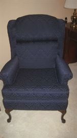 Upholstered blue wing back arm chair- by Les Brown Chair Co. 