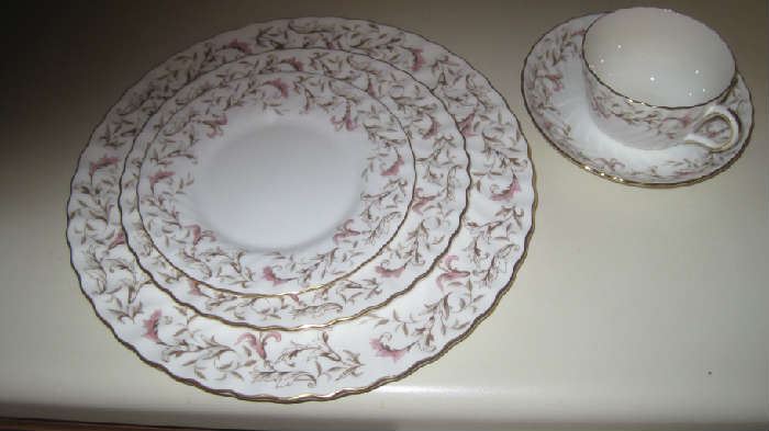 Minton bone china - made in England 'Moorland- S-687'- 4 pc. place setting for 12 (dinner, salad, cup/saucer) with 11 butter plates  