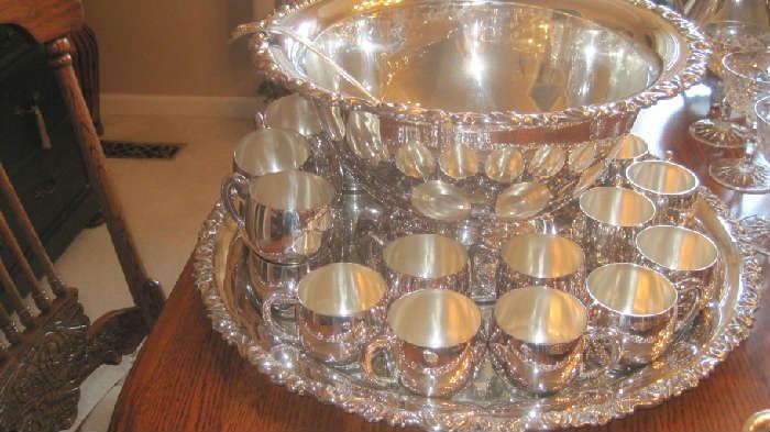 Silverplate punch bowl with liner, tray with liner, 24 cups, ladle- Alpacco silver 