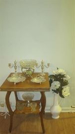 Small table with silver hollowware, Royal Haeger Mid-Century modern white pebble vase 456 with magnolia blooms