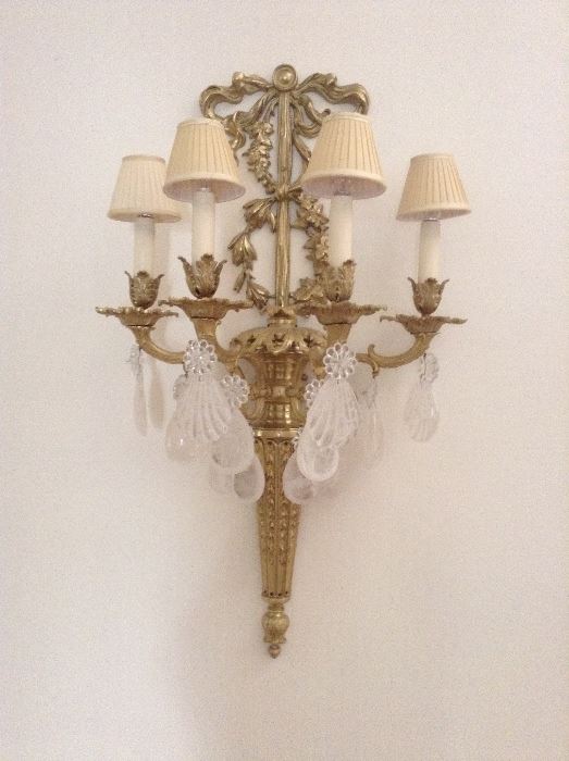 Pair of brass and rock crystal sconces