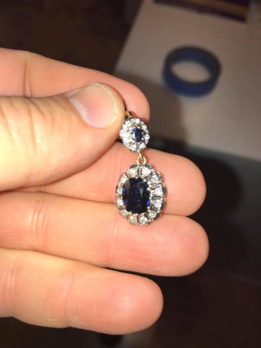 antique gold, platinum natural diamond & natural blue (3.5 carat each stone) sapphire earrings.