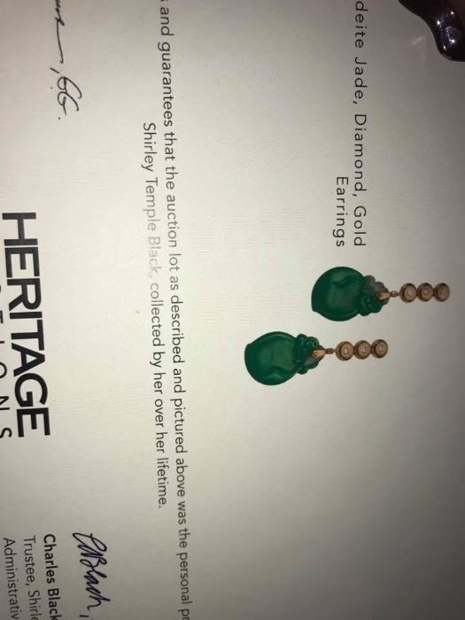 jade, diamond & gold earrings once owned by shirley temple black. full provenance.