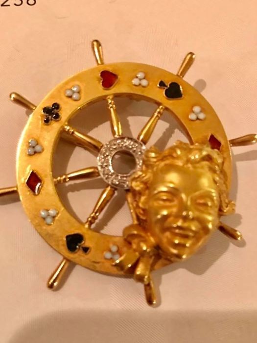 antique 18k gold gambling lady luck brooch