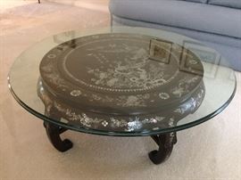 48" Round Glass Table w/Pearl Inlay Wood Base