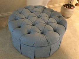 32" Round Blue Moire Skirted and Tufted Ottoman