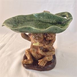 Monkey and Banana Leaf Candy Dish. 8" H. 