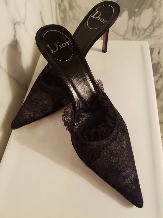 Christian Dior Chantilly Lace/Leather Heeled Mules size 38 1/2 Used only for runway show