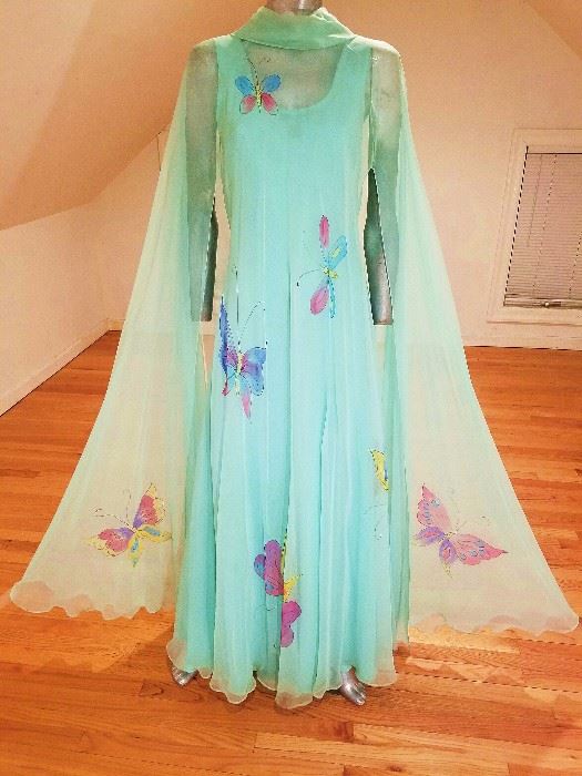 Vintage 1960's Hand Painted Chiffon Opera fluid gown with attached cape