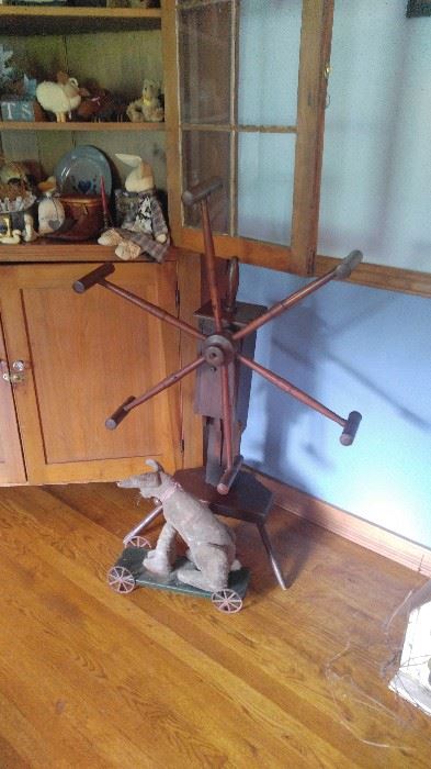Antique Spool -linen tea stained bunny on rolling cart