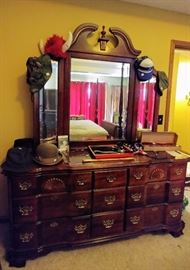 beautiful dresser with mirror  (4 piece set), hats, NEW ties, belts, & misc.     MASTER BEDROOM