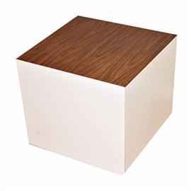 Mid Century Modern Cube Table: A Mid-Century Modern cube table. The table features walnut and white veneer over wood composite, having heavy construction and a hollow core.