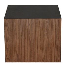 Mid Century Modern Cube Table: A Mid-Century Modern cube table. The table features a black top and walnut veneer over wood composite, having heavy construction and a hollow core.