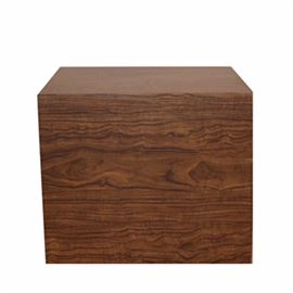 Mid Century Modern Cube Table: A Mid-Century Modern cube table. The table features walnut veneer over wood composite, having heavy construction and a hollow core.
