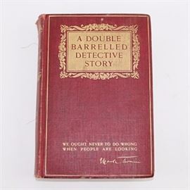 "A Double Barrelled Detective Story" by Mark Twain: A first American edition of Mark Twain’s A Double Barrelled Detective Story. The book has red cloth covered boards with a gilded title. It was published in 1902 by Harper & Brother’s in 1902 and illustrated by Lucius Hitchcock.