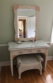 Wicker Dressing Table, Mirror, and Seat
