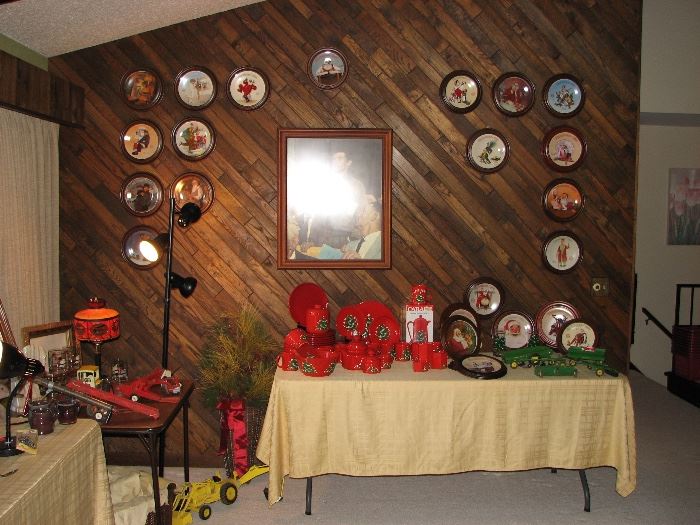Norman Rockwell x-mas plates, Waechtersbach Christmas dishes and variety vintage metal trucks including Tonka, Ertl and others