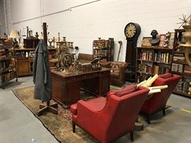These Items to be Sold in Estate Sale Thu, 7.13 to Sat, 7.15 1  Pr Red Leather Wing Chairs, Desk, Grandfather Clock, Rugs, Coat Racks