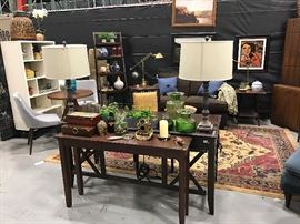 These Items to be Sold in Estate Sale Thu, 7.13 to Sat, 7.15 69 Glass Items, Bottles, Area Rugs, Console Tables, Lamps, Artwork, Shelves