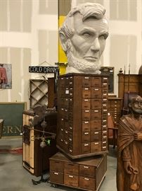 TO BE AUCTIONED 7.15.2017 Antique Multi Drawer  Storage Cabinet Swivel, Foam Figure Abraham Lincoln