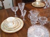 Close up of Fostoria Chintz stemware and serving pieces