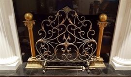 Metal ware fireplace screen and brass Andirons