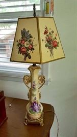 Early porcelain  floral table lamp with floral printed lampshade