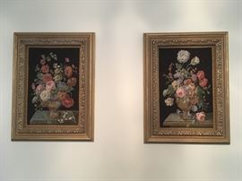 Framed tapestry needlepoint style wall pictures with floral motif