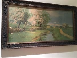 Vintage lithograph of stream and country road