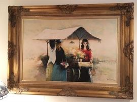 Large oil painting signed flower cart girl