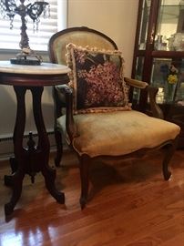 Walnut Victorian Parlor table with Marble top, Victorian Style Parlor chair, Cross stitch Butterfly Sofa Pillow