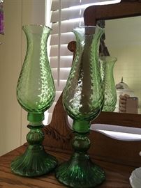 Green glass candle holders