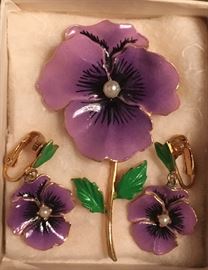 Enamel Pansie Earring and brooch set