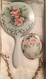 Painted Porcelain Vanity mirror brooch and scarf clip