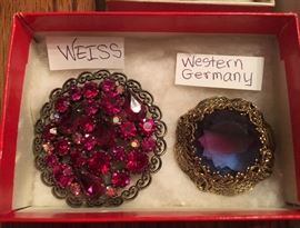 Gorgeouse Red Rhinestone Weiss Brooch and Large Iridescent Rhinestone brooch made in Western Germany. 
