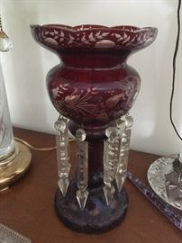 Ruby Cut to clear candle holder with crystal prisms